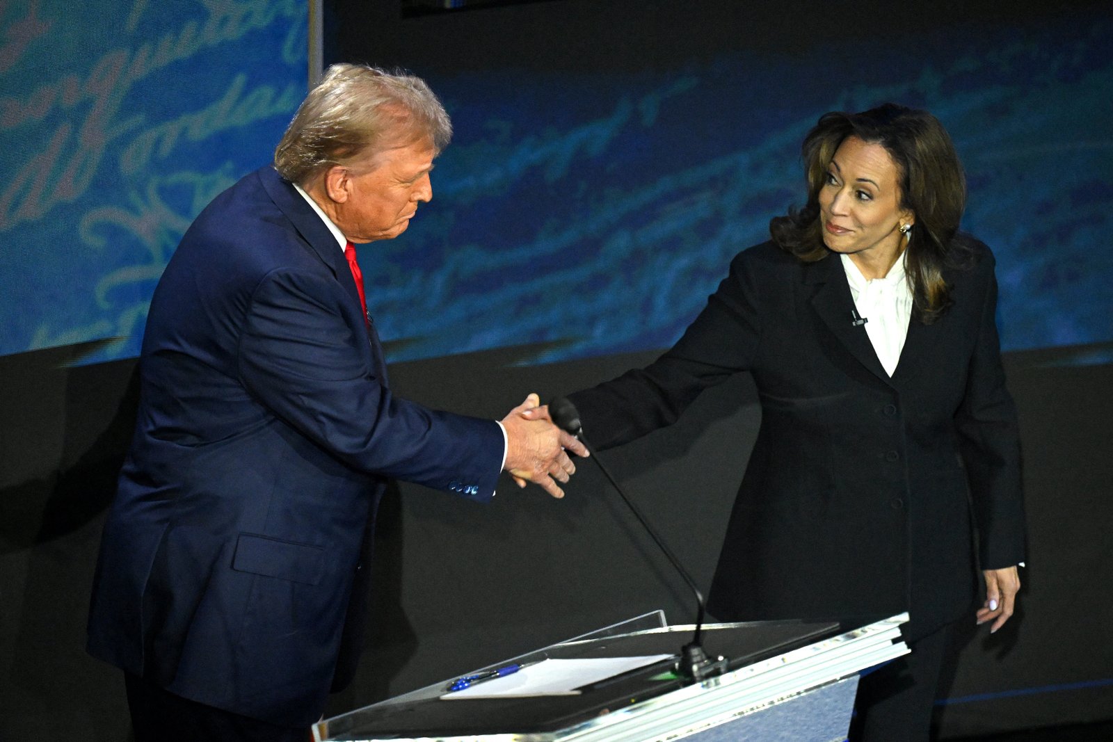 Kamala Harris shakes hands with Donald Trump before a debate on September 10 in Philadelphia